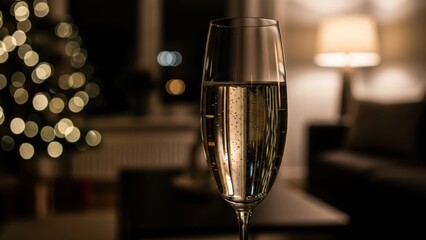 Champagne glass filled with bubbly drink on cozy living room table