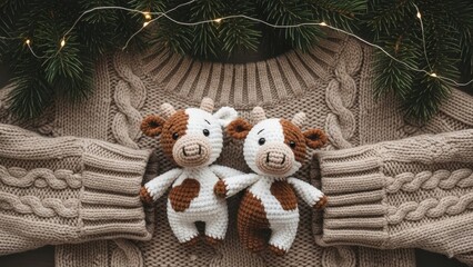 Adorable crocheted cow toys on cozy Christmas sweater with lights