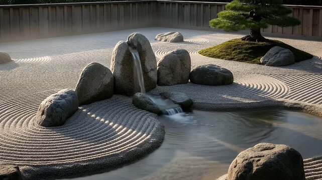 A serene and tranquil traditional style garden comes alive with gentle movement, featuring meticulously raked patterns in light-colored sand. Smooth, grey stones are carefully arranged, including a fo