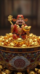 Obraz premium Jolly Caishen God of Wealth Figurine Emerging from Monumental Ceramic Bowl Full of Shiny Gold Sycees 3D Art