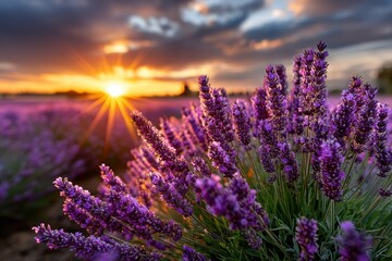Lavender field at sunset with golden sun rays