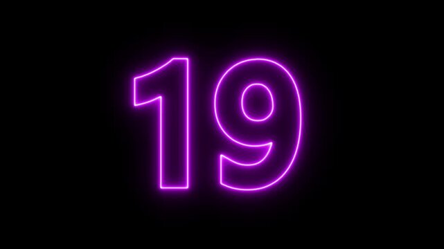 flickering neon number 19 on black background. glowing neon text 19 number countdown icon.