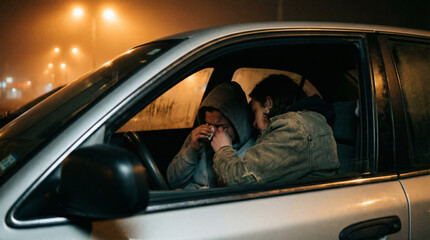 Two women distressed inside car at night, Emotional support during crisis moment, Rainy window and street lights mood, Intimate real life scene, Copy space mental health concept