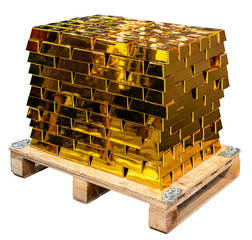 Stack of gold bars on pallet isolated on white background
