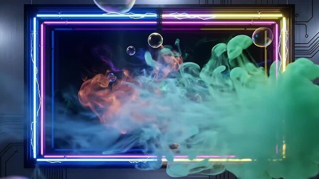 A mesmerizing abstract animation features vibrant, colorful smoke-like plumes swirling and expanding within a glowing neon rectangular frame. Floating transparent bubbles of various sizes drift throug