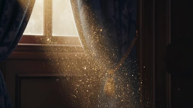 Golden dust particles sunbeam through window curtain, morning light bokeh indoor wooden panel vintage calm scene soft light interior moody sparkle