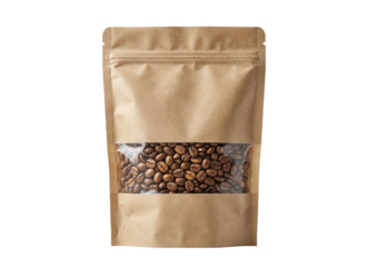 Brown Kraft Coffee Beans Pouch With Clear Window isolated on transparent background