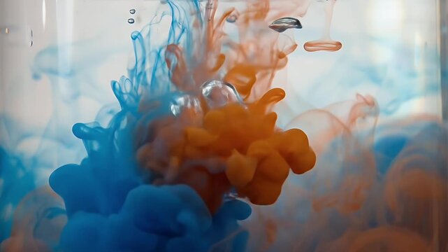 Dynamic close-up footage showcases vibrant blue and rich orange liquid pigments swirling and blending organically within clear water. Air bubbles rise gracefully through the intricate dance of colors,