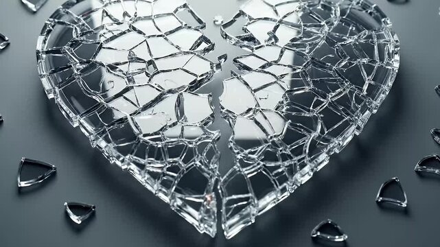 A poignant visual representation of a broken heart, rendered in clear, shattered glass, lies fragmented on a stark grey surface. The heart is visibly split into two large pieces, surrounded by numerou