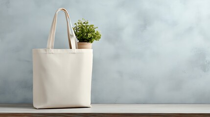 A canvas tote bag containing a potted plant on a wooden surface against a painted backdrop