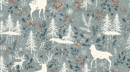 Vector template featuring a winter seamless pattern with fabric motifs and a Christmas print design, showcasing a serene winter forest scene with wild animals