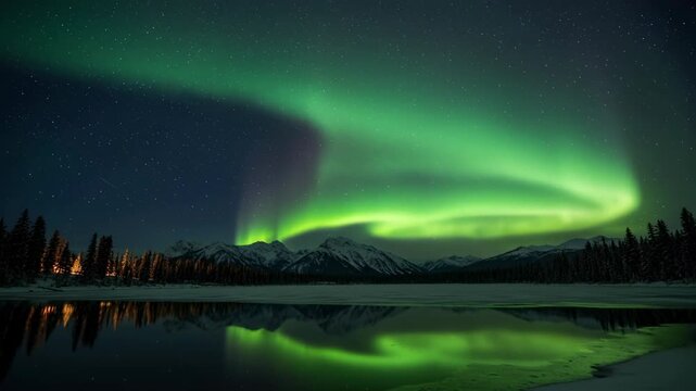 Aurora northern lights night sky green glow winter landscape mountain forest lake reflection stars dance over snowy peak and frozen valley starry sky