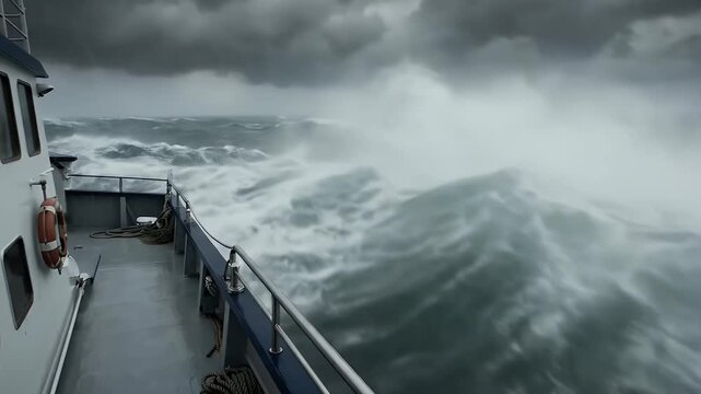 A dramatic perspective from the deck of a vessel navigating through extremely turbulent waters under a dark, overcast sky. Powerful waves crash against the side of the boat, sending vast amounts of sp