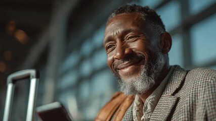 Smiling Traveler Checking Smart Luggage in Airport Lounge