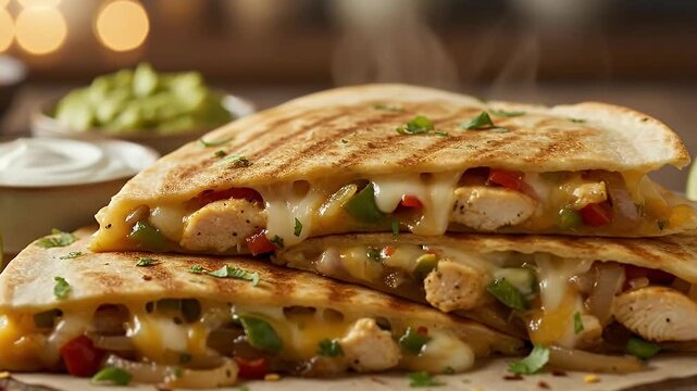 A mouth-watering close-up shot captures freshly prepared, golden-brown grilled savory flatbread slices, generously filled with succulent seasoned chicken pieces, vibrant bell peppers, caramelized onio