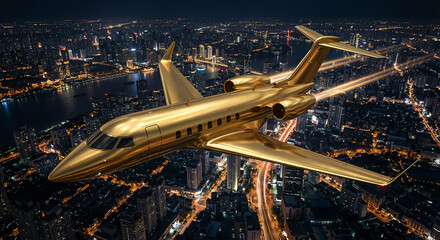 Golden private jet flying over a glowing city skyline at night with light trails, representing luxury business travel and high-stakes executive lifestyle.