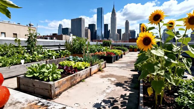 A vibrant rooftop garden featuring raised beds with various plants and bright sunflowers, set against a backdrop of a modern city skyline.