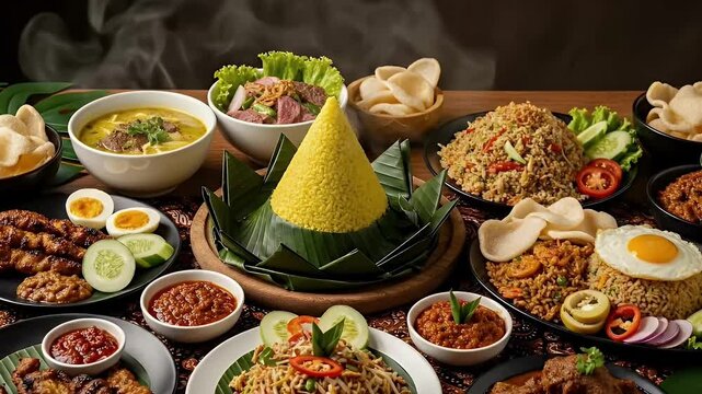 This vibrant close-up captures an exquisite and abundant culinary spread, showcasing a variety of steaming, freshly prepared dishes arranged beautifully on a rustic wooden table with a patterned cloth