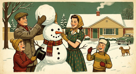 A joyful vintage-style illustration of a happy family building a snowman together on a snowy day outside their home