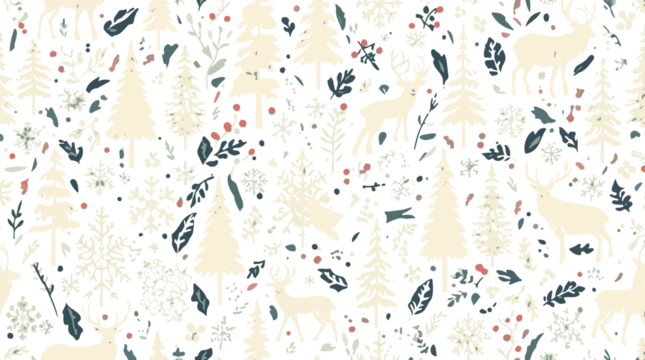 template featuring a winter seamless pattern with fabric motifs and a Christmas print design, showcasing a serene winter forest scene with wild animals - Powered by Adobe