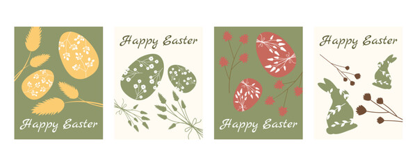 Easter greeting card and banner set with cute bunnies, decorated eggs, spring flowers, branches and floral elements