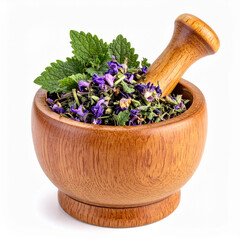 Dried lemon balm herb (Melissa officinalis) in a wooden mortar and pestle on white background. Natural medicinal plant used for herbal remedies, alternative medicine and wellness products.