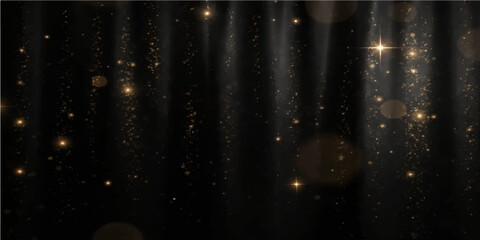 Magical champagne bubbles glow like golden stardust against a dark night sky, creating a winter galaxy texture of light particles and sparkling rain on a black wallpaper design