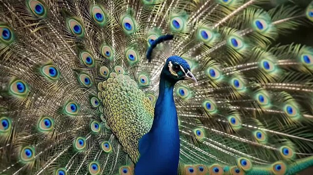 A majestic bird of vibrant plumage stands gracefully, showcasing its spectacular fan of iridescent tail feathers. The intricate patterns and brilliant blue 'eyespot' designs shimmer with natural beaut