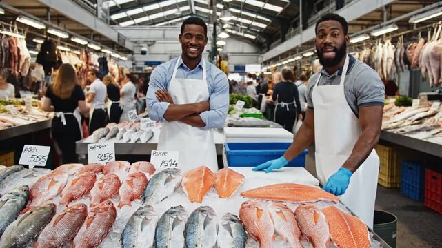 Fish market stall Two men stand by icecovered seafood surrounded by shoppers and hanging meats