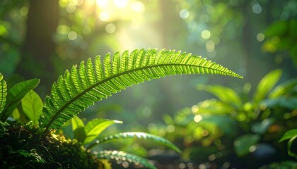 Vibrant Green Fern Leaf Close-Up in Sunlit Forest with Soft Bokeh Background