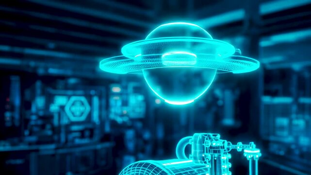 UFO Hologram Display Inside Advanced Research Facility Showing Alien Technology Analysis, Scientific Observation Systems and Experimental Innovation Environment