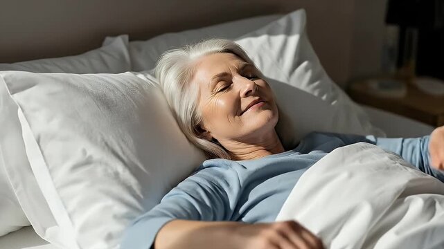 A tranquil scene captures a contented senior woman gently waking up in a bright, sunlit bed. She gracefully stretches her arms overhead with a serene smile, basking in the peaceful morning light filte
