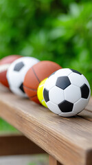 Assorted sports balls on a wooden bench outdoors, including soccer and basketball, with soft green background. Recreation, teamwork, youth activities and healthy lifestyle concept.