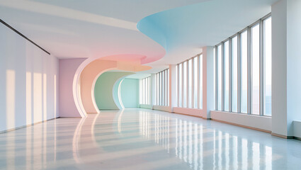Naklejka premium Bright and airy interior with colorful curves in modern space