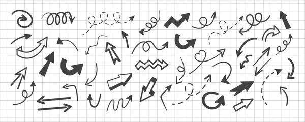 Doodle arrows with curved, dashed and spiral lines. Simple vector arrows on a sheet of school notebook. Flat minimal graphic style.