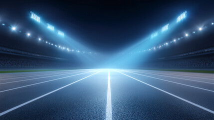 Futuristic empty stadium arena with bright floodlights and glowing field lines. Night sports background for competition, tournament, speed, technology, broadcast and performance.