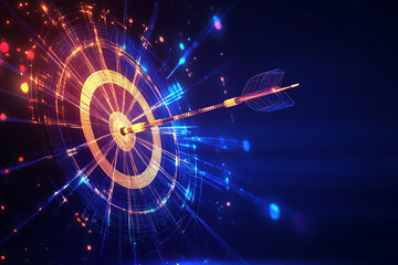 A precisely aimed dart lands on a glowing digital target, symbolizing innovation, focus, and the ultimate achievement in the realm of technology and strategy.