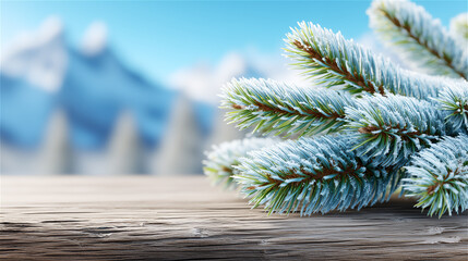 Evergreen pine branch on rustic wooden surface with snowy mountains blurred behind. Winter holiday background, nature freshness, seasonal decor, minimal style and copy space.