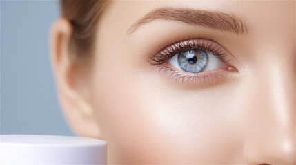 Close-up of a woman&rsquo;s blue eye with natural makeup beside cosmetic cream jar on pastel background. Beauty skincare concept, clean glow, dermatology, copy space.
