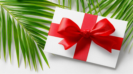 White gift envelope wrapped with red ribbon bow on tropical palm leaves. Festive minimal flat lay for holiday greeting, celebration, surprise and stylish design, copy space.