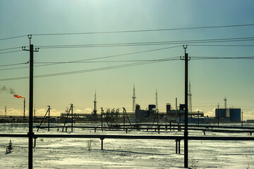 Nearby, the Samotlor oil field is the largest oil field in Russia and the 7th largest in the world. Gas pipeline in the tundra