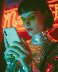 stylish woman in shimmering silver sequin outfit using smartphone in front of glowing neon lights