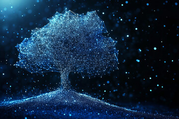 A stylized tree, visualized as a digital network, emerges from a similarly connected ground. The entire structure glows with a vibrant blue light, 