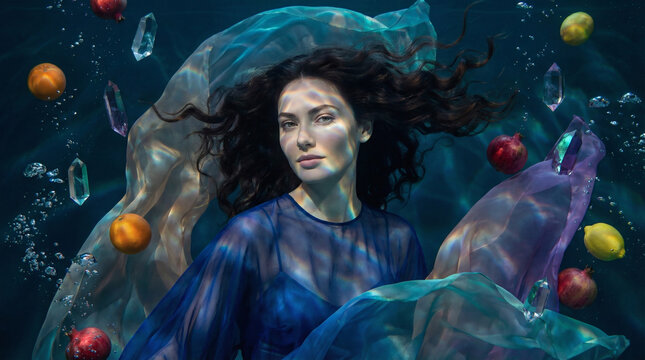 Underwater surreal portrait with flowing fabric, Dreamlike aquatic fantasy scene, Woman suspended in motion, Floating fruit elements, Artistic conceptual photography, Ethereal color tones, Visual stor