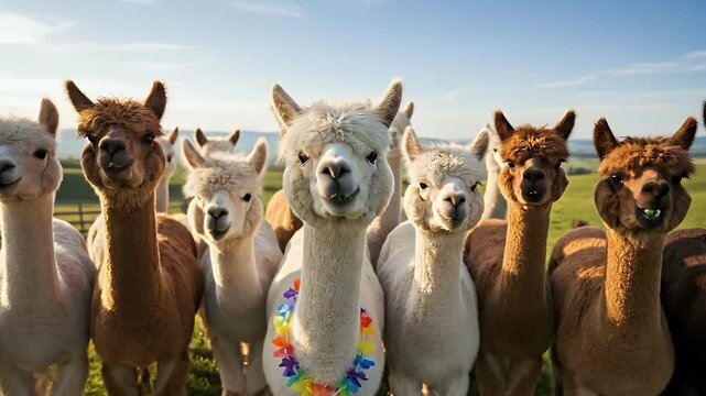 A charming herd of curious alpacas, showcasing diverse fur colors, stands attentively in a vibrant green field under a clear blue sky. A central white alpaca wears a festive, colorful flower lei, addi