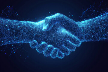 Two hands, rendered as intricate blue wireframe networks, are clasped in a handshake against a dark blue background. 