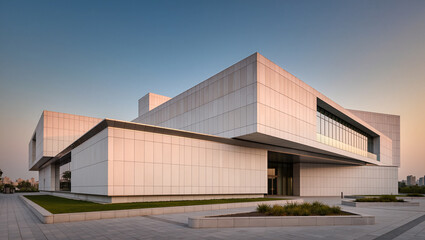 Obraz premium Modern architecture shines under the evening sky in a vibrant city