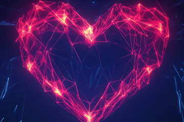 Glowing abstract heart formed by neon pink and blue plexus lines in dark space, perfect for technology and love themes. This digital heart symbolizes connection, data, and futuristic romance.