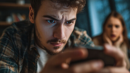 Man coercively checking partner’s phone. Forced compliance.
