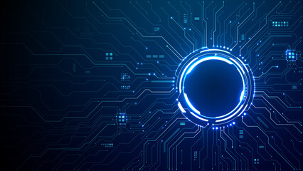 Futuristic circular portal with luminous circuit patterns radiating on digital tech backdrop. Blue neon frame featuring HUD interface, cyber elements, and electronic board aesthetics. Digital vector